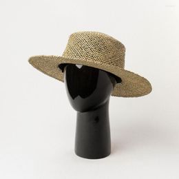 Berets Fashion Handmade Summer Wide Brim Seagrass Straw Hat For Women Ladies' Sun Hats Flat Top Boater Panama Beach Sunvisor Cap