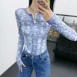 Women's T Shirts 2023SS Summer Women High Quality Blue Prints Slim Long Sleeve T-Shirt Female Chic Tank Tops Ddxgz2 5.09