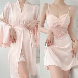 Women's Sleepwear Wedding Robe Summer Female Kimono Bathrobe Gown Sexy Patchwork Lace Suspender Nightgown Loose Silk Satin Home Dress