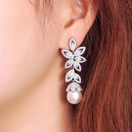 Dangle Earrings CWWZircons Long Cluster Leaf Shape Shiny Cubic Zircon Silver Plated Drop Round Pearl Wedding Jewellery CZ548