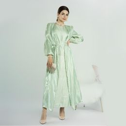 Ethnic Clothing Wepbel Muslim Dress Sets Beaded Cardigan Bubble Sleeve Open Abaya Plus Sleeveless Inner Wear Kimono Islamic