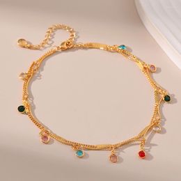 Anklets Round Colored Crystal Pendant 18k Gold Plated Double Chain For Women Sweet Romance Summer Waterproof Jewelry Accessories
