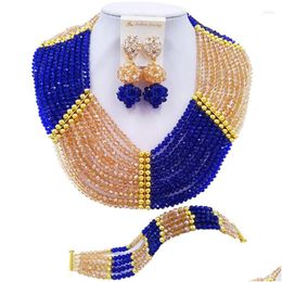 Earrings Necklace Set Aczuv Royal Blue Gold Nigerian Traditional African Beads Jewellery 10Cch004 Drop Delivery Sets Dhgarden Dhmdl