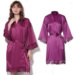 Women's Sleepwear Satin Robes Bride Silk Robe With Lace Women Bridal Short Bridesmaid 3/4 Sleeve Night Dress Kimono Bathrobe