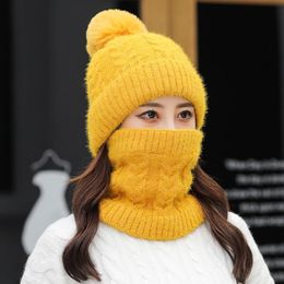 Beanies Beanie/Skull Caps Two-piece Warm Knitted Woollen Hat Winter Fur Ball Cute Windproof Plus Velvet Biking Cold-proof Bib