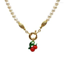 Pendant Necklaces TKJ Summer Fresh Glass Cherry Collarbone Chain Women's Freshwater Pearl Fashion Necklace Brass Real Gold Plated