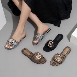 Slides Fashion Metal Buckle Sandals Women's Shoes Outside Wear Summer Slippers Casual One Word Embroidery Women's Slippers