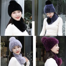 Women Real Rex Rabbit Fur Scarf Hat Sets Winter Warm Beanie Cap High Elastic