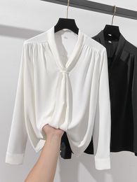 Women's Blouses Solid Women Shirt Whithe Draped Satin Long Sleeve Bow Tie Neck Elegant Office Lady Work Wear Pullover Female Bouses Autumn