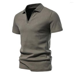 Men's Polos Men Summer Top Breathable Lapel Solid Colour Pullover V Neck Daily Wear Casual Mid Length T-shirt Clothing
