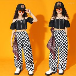 Stage Wear Teenage Hip Hop Clothing Off Shoulder Tshirt Tops Streetwear Checkered Pant For Girls Jazz Dance Costumes Rave Clothes