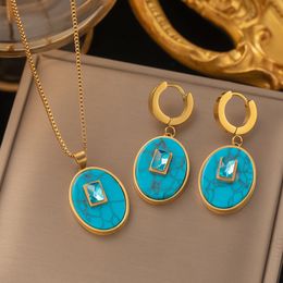 Popular No Fading Blue Turquoise Pendant Necklace Earring Designers 18K Gold Jewellery Set for Gift
