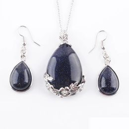 Earrings Necklace Jewellery Sets For Women Natural Blue Sand Gem Stone Pendum Pendant Necklaces Chain 45Cm Length Q3071 Drop Deliv Dhzoq