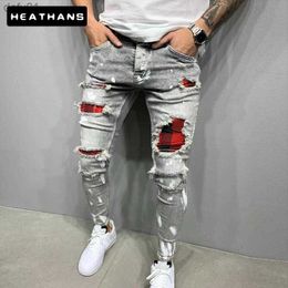 Men's Jeans Men Slim-Fit Ripped Male Jeans Painted Fashion Patch Beggar Pants Jumbo Mens Pencil Hip Hop Drop L230520