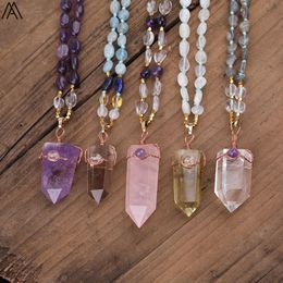 Necklaces 68mm Natural Quartz Crystal Point Pendant Natural Stone Beads Handmade Knot Necklace Multi Layer Necklace Long 32 Inch FR221AM