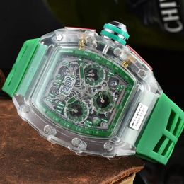 Wristwatches Luxury Quartz Watch Men Top Brand Sports Watches Man Steampunk FOB Skeleton Dial Transparent Clock Green Strap Relogio