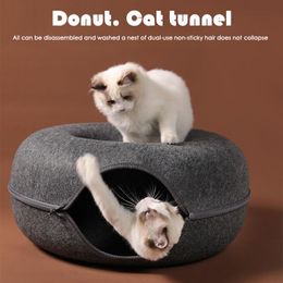 Toys Four seasons available cat nest round Woollen felt pet dual use cat nest Tunnel interactive training toy Grey felt cat nest