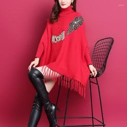 Scarves Wholesale Spring Autumn Turtleneck Ladies Knitted Poncho Sweater Beading Tassel Letter Cape Pullover Shawl Women's