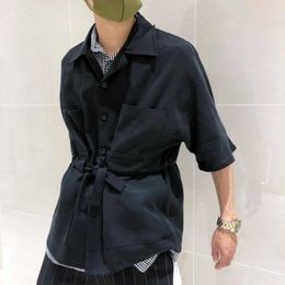 Men's Casual Shirts Summer Style Belt Waist Collection Tooling Multi-pocket Dark Shirt Three-dimensional Cut Large Size Loose Short Sleeves