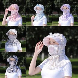 Cycling Caps Women's Windproof Sun Hat With Fan Summer Plaid Face-Covering UV Protection Outdoor Work Fishing Wide Brim Neck Scarf