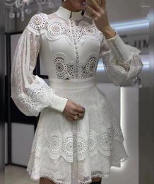 Casual Dresses SuperAen European And American Half High Collar Lantern Sleeve Hollowed Out Water-soluble Lace Bubble Dress