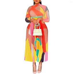 Casual Dresses Sexy Round-Neck Pleated Party Dress Women Yellow Elegant High Wiats Long Sleeve Robe Femme African Maxi OL Vestido