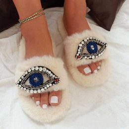 Sandals Plush Womens Shoes in Autumn and Winter Wear Cotton Slippers Fashion Devil Eyes Faux Fur Indoor Home Floor 230417