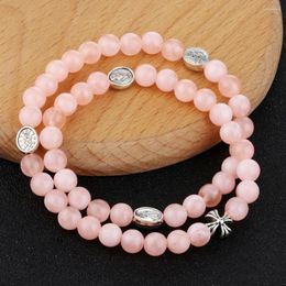 Strand CottvoJesus Christ Catholic Bracelet Hands Holding Pray Pink Stone Beaded Chain Double Rows Cross Five Decades Rosary Jewelry