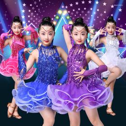 Stage Wear Kids Girls Sequin Fringe Latin Dance Dress For Children Salsa Competition Skirts Costumes Ballroom Dancing Dresses