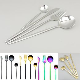 Dinnerware Sets Mirror Golden Silver Stainless Steel Tableware Cutlery Dinner Set Children's Fork Knife Soup Dessert Ice Spoon P