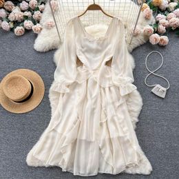 Casual Dresses 2023 Summer Chiffon Beach Long Dress Women Square Collar Sleeve Ruffles Fairy Elegant Evening Party