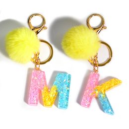 Color Gradient Initial Keychain With Yellow Pom Pom Ball Women Girls Sweet Bag Purse Charm A-Z 26 Letters Pendant With Key Ring