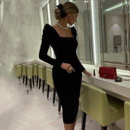 Arabic Evening Dresses Square Neck Long Sleeves Mermaid Velvet Tea Length Dubai Prom Party Gown Dress