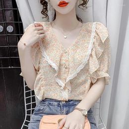 Women's Blouses Women's T Shirt Floral Print Girls V-neck Clothes Fashion Short Sleeve Tees V Neck Blouse Summer Loose Streetwear Tops