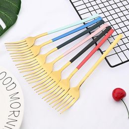 Dinnerware Sets 6Pcs Stainless Steel Dinner Fork Long Handle Table Forks Set Korean Cutlery Four Tine Salad Dessert Fruit Kitchen