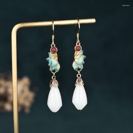 Dangle Earrings Chinese Style Retro Cloisonne Magnolia Flower Small Petals White Hetian Jade Female For Women Jewellery