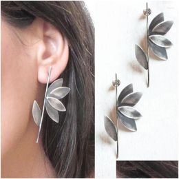 Stud Earrings Ethnic Sier Colour Metal Plant Branch Leaf Punk Vintage Long Personality Womens Gifts Drop Delivery Jewellery Dhgarden Dhjhy