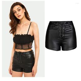 Women's Shorts Sexy Black PU Leather Pants High Waist Stretch String Imitation For Women