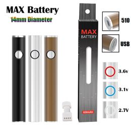 Authentic Max Battery 14mm Diameter Cartridge Batteries 650mAh Preheat Variable Voltage VV Vape Pen for 510 Carts with USB Passthrough