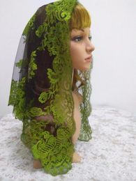 Ethnic Clothing Green On Black Embroidery Spanish Lace Mantilla Veil Chapel 120 60cm