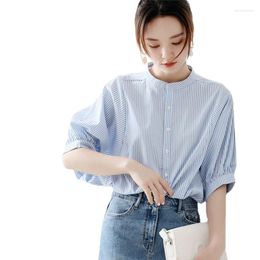 Women's Blouses Fashion Woman Striped Shirts Long Sleeve Womens Tops Button Up Shirt Polo Neck Female Clothing Basic Ladies E85