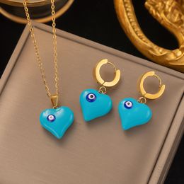 Classic Design Blue Evil Eye Heart Pendant Necklace Earring Women Gift Jewelry