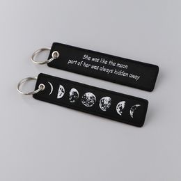 Moon Label Chain Keychain Jewelry Keyrings for Motorcycles and Cars Black Key Tag Embroidery Key Fob Aviation Gifts