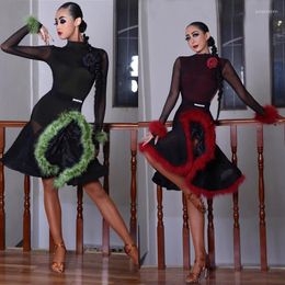Stage Wear 5 Colours Women Long Sleeves Latin Dance Dress Waltz Ballroom Competition Adults Prom Dresses SL8232