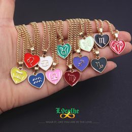 Necklaces 12pcs Colourful Enamel Heart 12 Zodiac Sign Pendant Necklace Waterproof Gold Curb Chain Love Necklace Astrology