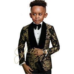 Suits Black Gold Floral Flower Boys Suit Set For Wedding Dress Formal Costume Piano Performance Children Tailor Made Top Qulity 230524