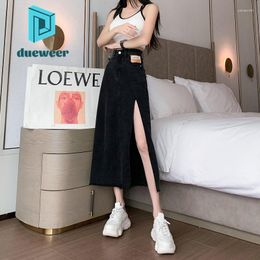 Röcke Dueweer Sommer 2023 Seitenschlitz Schwarz Denim Rock Elegante Frauen Hohe Taille Eine Linie Midi Lange Wrap Sexy Koreanische Mode
