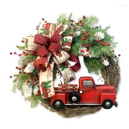 Decorative Flowers Artificial Christmas Wreath Red Truck Rattan Wreaths Wall Front Door With Pine Tree Branch Ribbon Flower Decor
