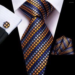 Bow Ties Hi-Tie Blue Gold Striped Silk Wedding Tie For Men Handky Cufflink Set Fashion Designer Gift Necktie Business Party