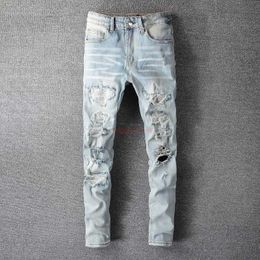 Men's Jeans Designer Clothing Amires Denim Pants Amies New Style White Diamond Perforated Mens Light Wash Old Trend Slim Fit Small Feet High Street Distres